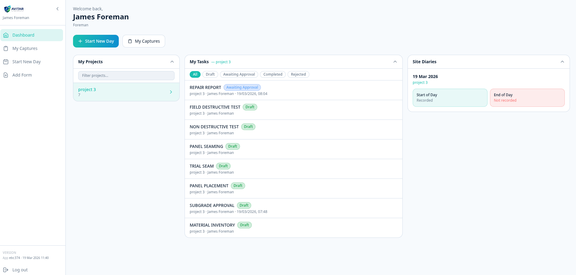 Avitar app dashboard showing projects, tasks and site diaries